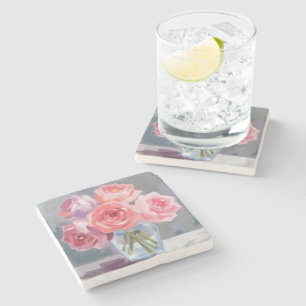 Pink Peony Bouquet Floral Watercolor Painted Stone Coaster