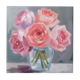 Pink Peony Bouquet Floral Watercolor Painted Tile