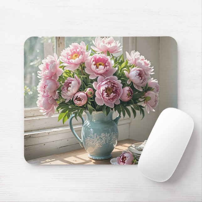 Pink Peony Bouquet Mouse Mat (With Mouse)