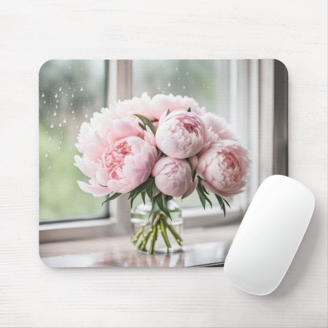 Pink Peony Bouquet On A Rainy Day Mouse Mat (With Mouse)