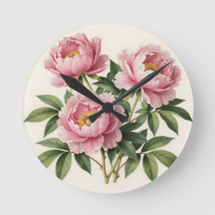Pink Peony Bouquet Vintage Botanical Illustration Round Clock