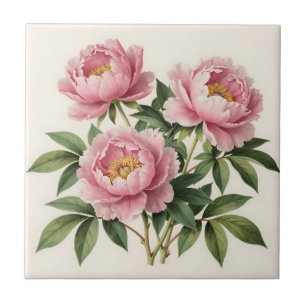 Pink Peony Bouquet Vintage Botanical Illustration Tile