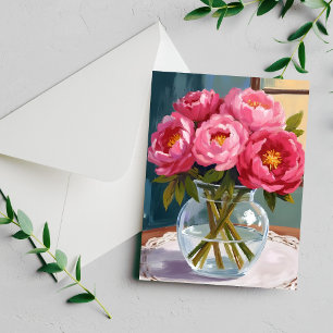 Pink Peony Bouquet Watercolor Floral Painting Card