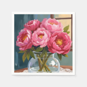 Pink Peony Bouquet Watercolor Floral Painting Napkin
