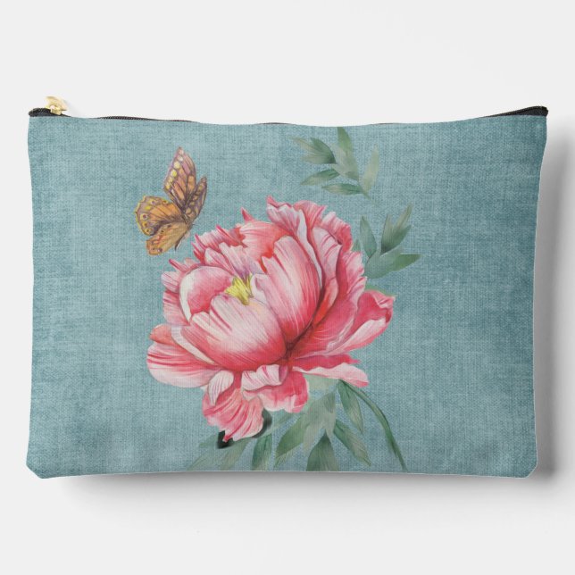 Pink Peony & Butterfly Cosmetic Bag (Front)