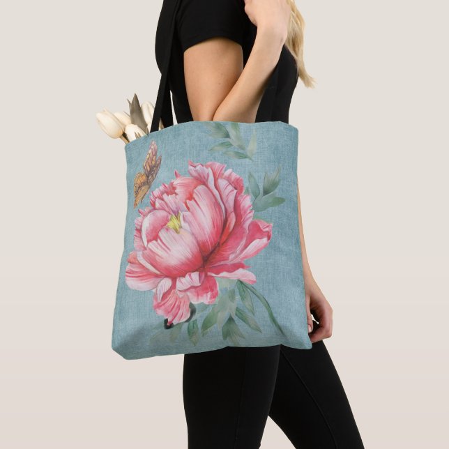 Pink Peony & Butterfly Tote Bag (Close Up)