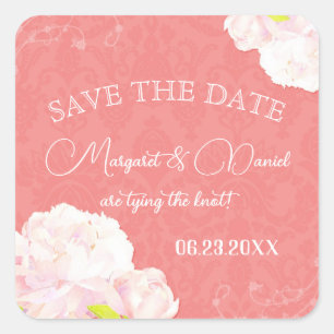 Pink Peony Coral Reef Wedding Save the Date Square Sticker