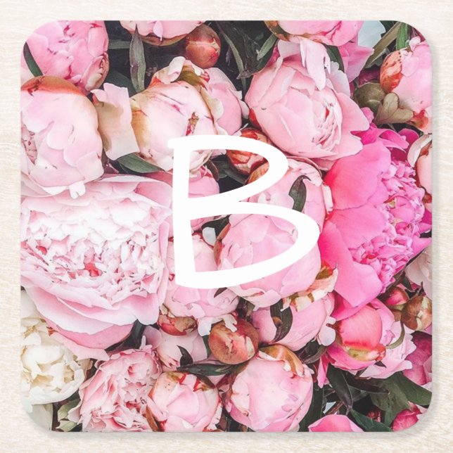 Pink Peony Design Square Paper Coaster (Front)