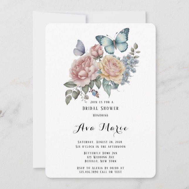 Pink Peony Dusty Blue Butterfly Bridal Shower Invitation (Front)