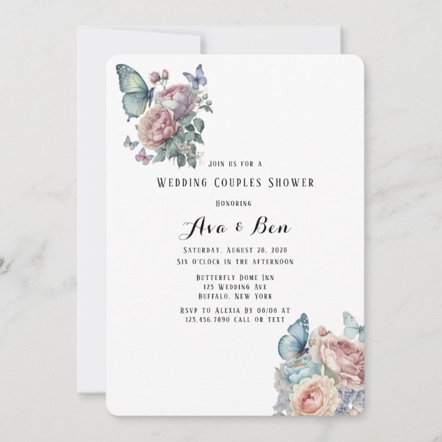 Pink Peony Dusty Blue Butterfly Brunch & Bubbly Invitation (Front)