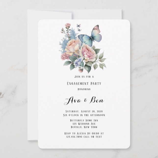 Pink Peony Dusty Blue Butterfly Engagement Party Invitation (Front)