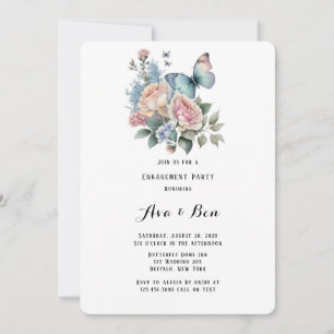 Pink Peony Dusty Blue Butterfly Engagement Party Invitation