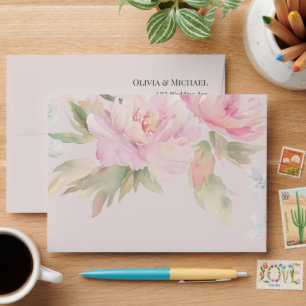 Pink peony Elegant Watercolor Wedding Envelope