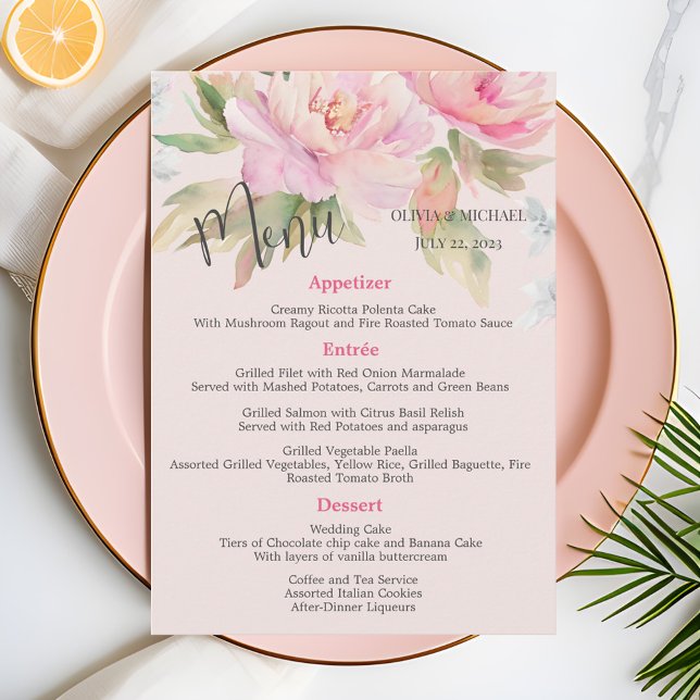 Pink peony Elegant Watercolor Wedding Menu (Creator Uploaded)