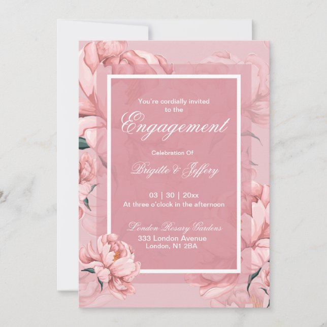Pink peony engagement invitation (Front)