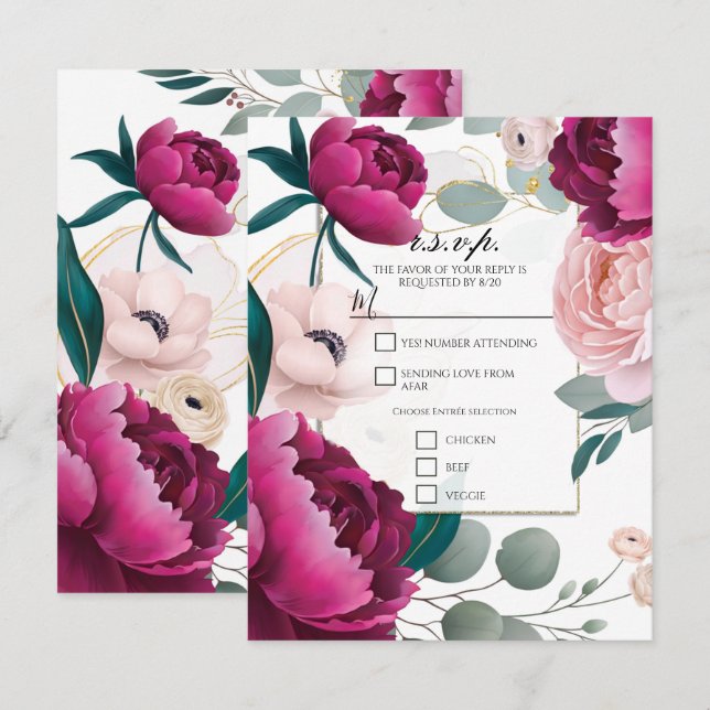 Pink Peony Eucalyptus Garden Floral Glam R.S.V.P. Invitation (Front/Back)