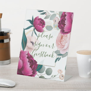 Pink Peony Eucalyptus Garden Floral Glam Wedding  Pedestal Sign