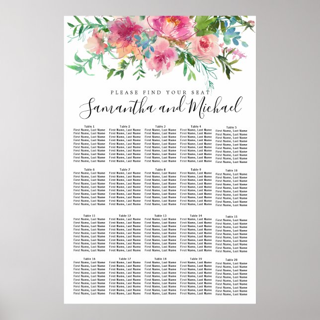 Pink Peony Floral 20-Table Wedding Seating Chart (Front)