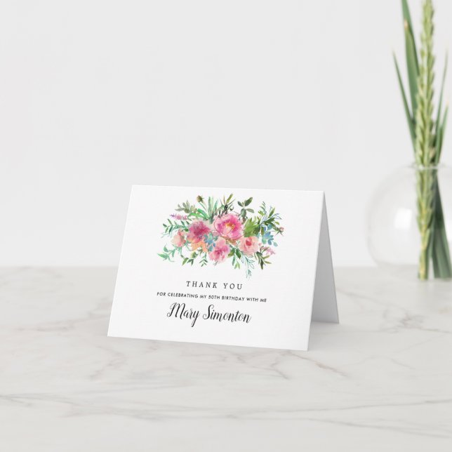 Pink Peony Floral 50th Birthday Photo Thank You Card (Front)