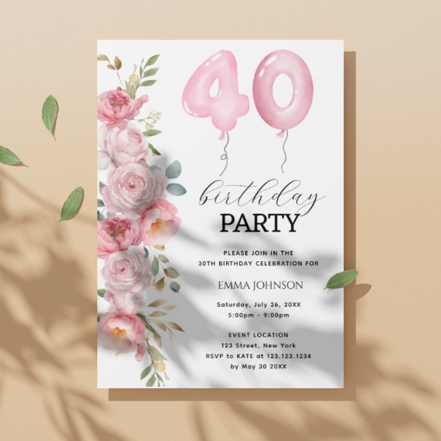 Pink  Peony Floral Balloon 40th Birthday Party  Invitation (Creator Uploaded)