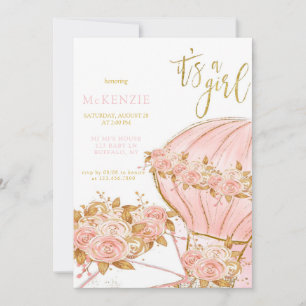 Pink Peony Floral Balloon Girl Baby Shower Invitation