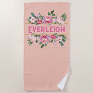 Pink Peony Floral Beach Towel Customise name