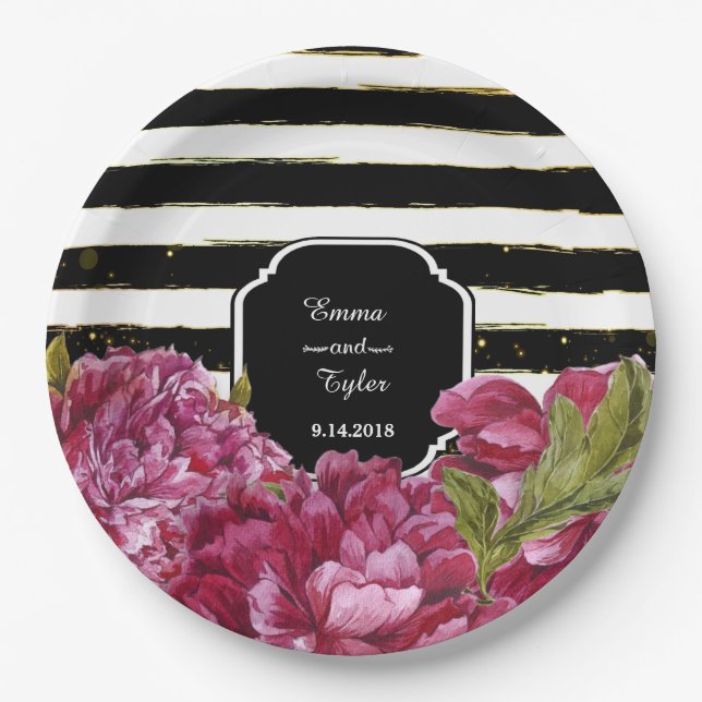 Pink Peony Floral Black White Stripe Paper Plates (Front)