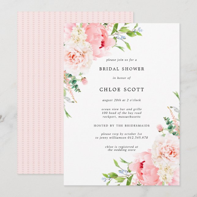 Pink Peony Floral Botanical Bridal Shower Invitati Invitation (Front/Back)