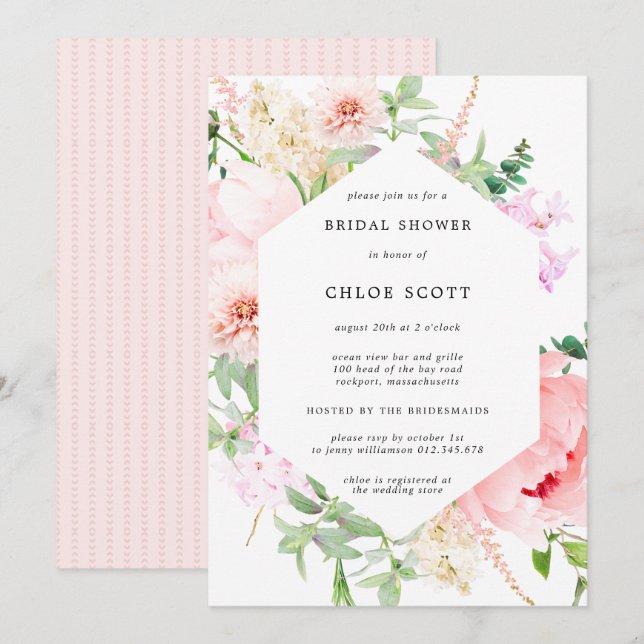 Pink Peony Floral Botanical Bridal Shower Invitation (Front/Back)