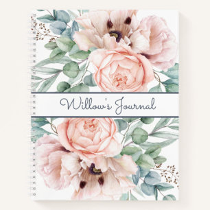 Pink Peony Floral Botanical White Notebook