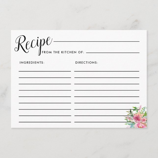 Pink Peony Floral Bridal Recipe Card (Front)