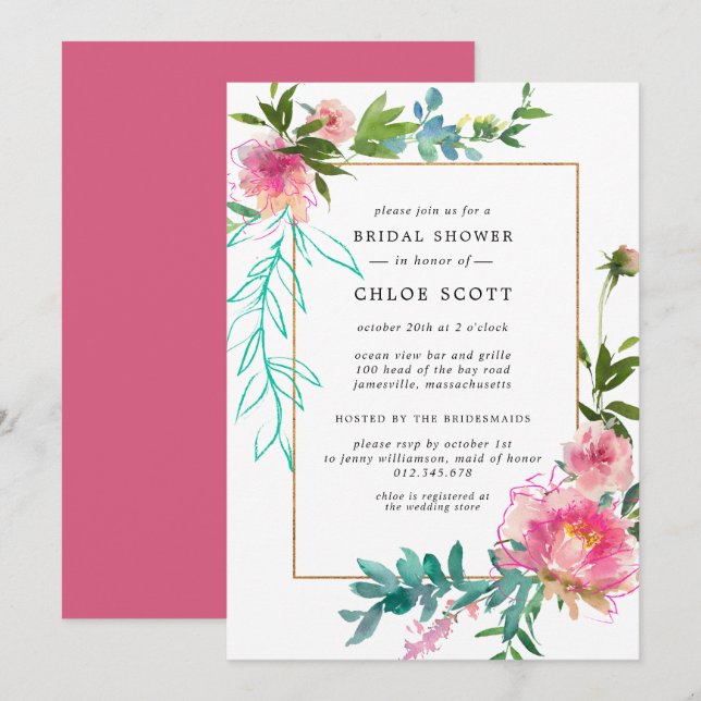 Pink Peony Floral Bridal Shower Invitation (Front/Back)