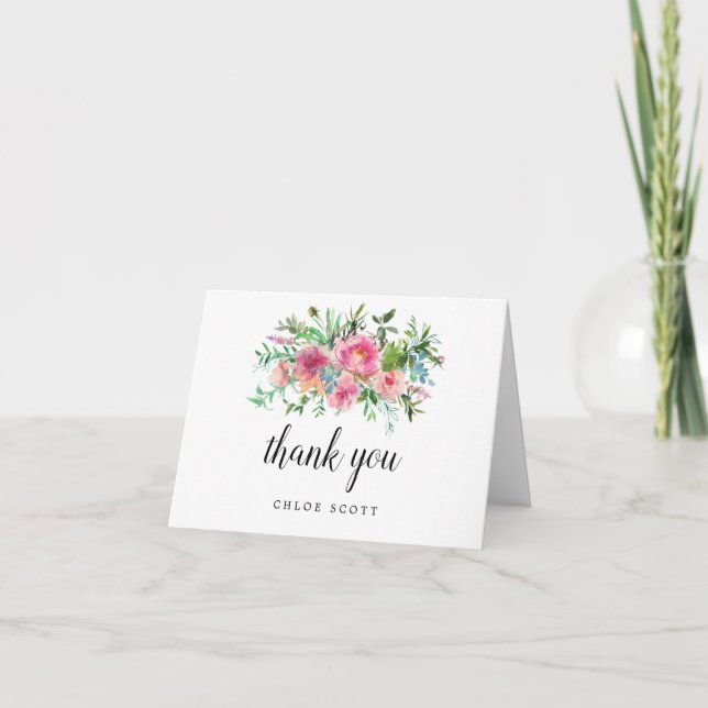 Pink Peony Floral Bridal Shower Photo Thank You Card (Front)