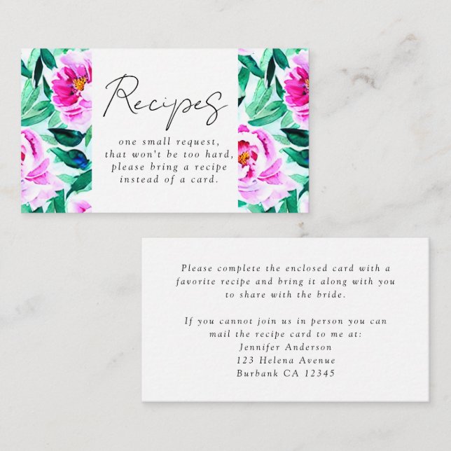 Pink Peony Floral Bridal Shower Recipe Request Enclosure Card (Front/Back)