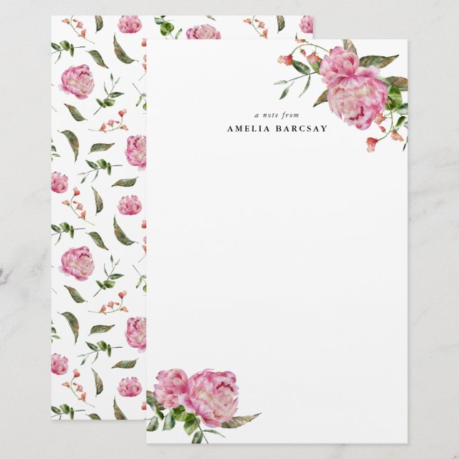 Pink Peony Floral Custom Stationery (Front/Back)