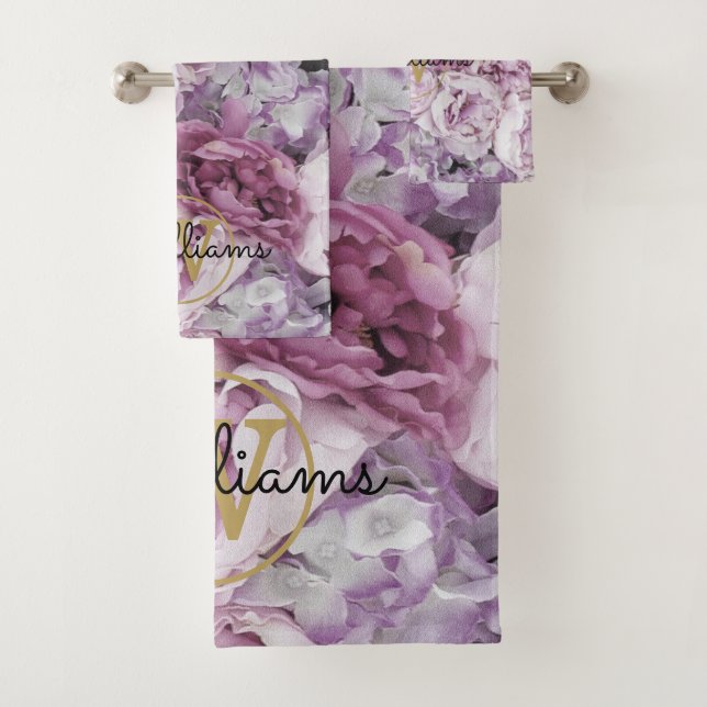Pink Peony Floral Elegant Gold Monogram Bath Towel Set (Insitu)