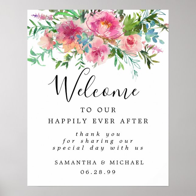 Pink Peony Floral Elegant Wedding Welcome Sign (Front)