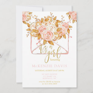 Pink Peony Floral Envelope Girl Baby Shower Invitation