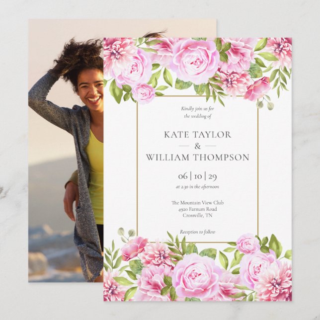 Pink Peony Floral Gold Geometric Photo Wedding Invitation (Front/Back)