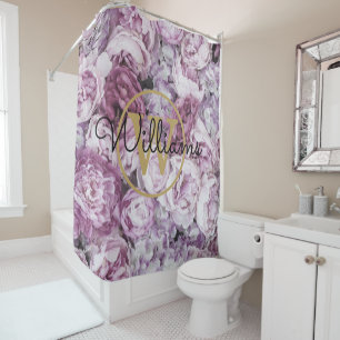 Pink Peony Floral Gold Monogram Script Name Shower Curtain