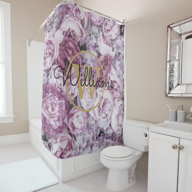 Pink Peony Floral Gold Monogram Script Name Shower Curtain (In Situ)