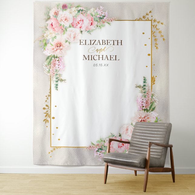 Pink Peony Floral Gold Script & Frame Backdrop Tapestry (In Situ)