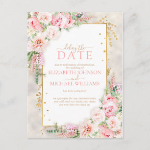 Pink Peony Floral Gold Script & Frame Delay Date Postcard