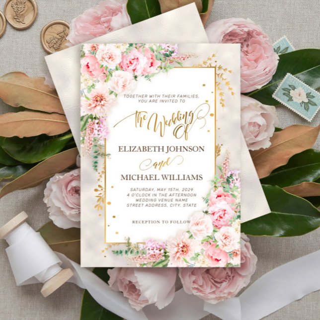Pink Peony Floral Gold Script & Frame Invitation (Creator Uploaded)