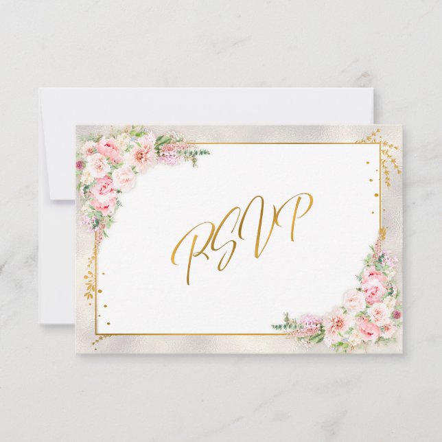 Pink Peony Floral Gold Script & Frame RSVP (Front)