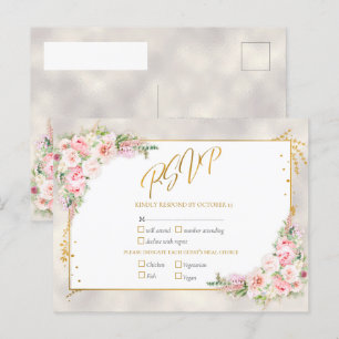 Pink Peony Floral Gold Script & Frame RSVP Invitation Postcard