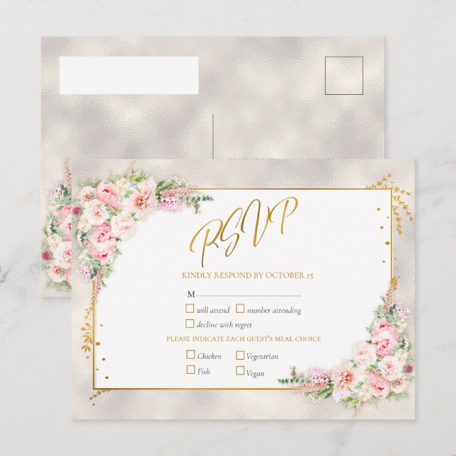 Pink Peony Floral Gold Script & Frame RSVP Invitation Postcard (Front/Back)