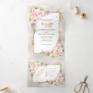 Pink Peony Floral Gold Script & Frame Tri-Fold Invitation