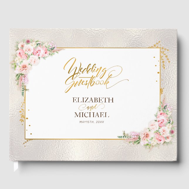 Pink Peony Floral Gold Script & Frame Wedding Guest Book (Front)