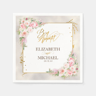 Pink Peony Floral Gold Script & Frame Wedding Napkin